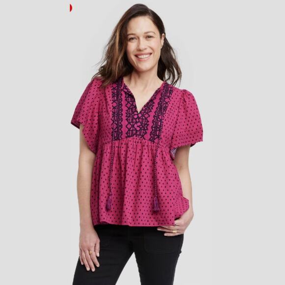 Knox Rose Women's Boho Top S Short Sleeve Pink & Black Dots Embroidered - Picture 1 of 6